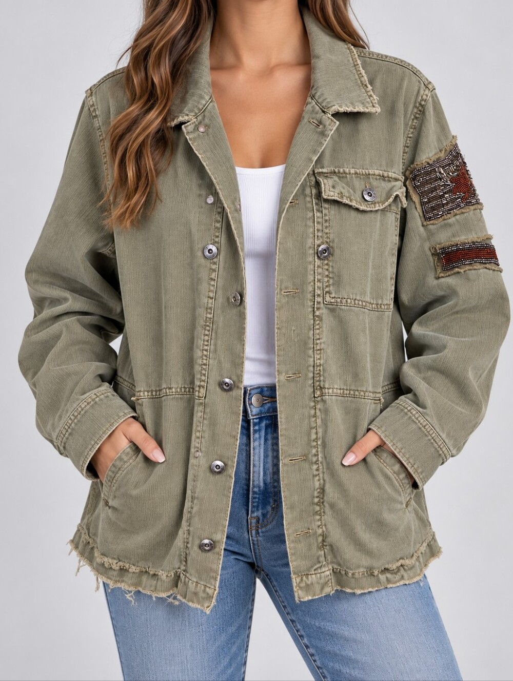 Free People Olive Green Distressed Utility Jacket with Patchwork